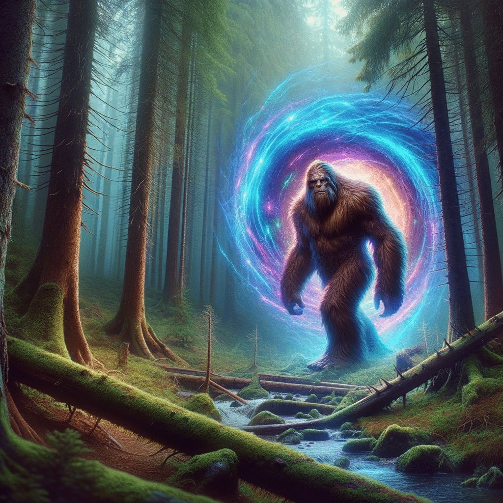 Bigfoot stepping through a faerie portal
