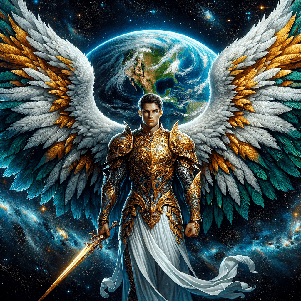 Angel with sword in front of the world