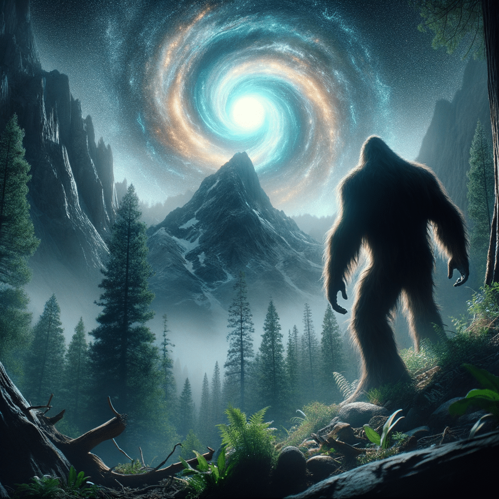 Bigfoot looking at a portal on a mountain