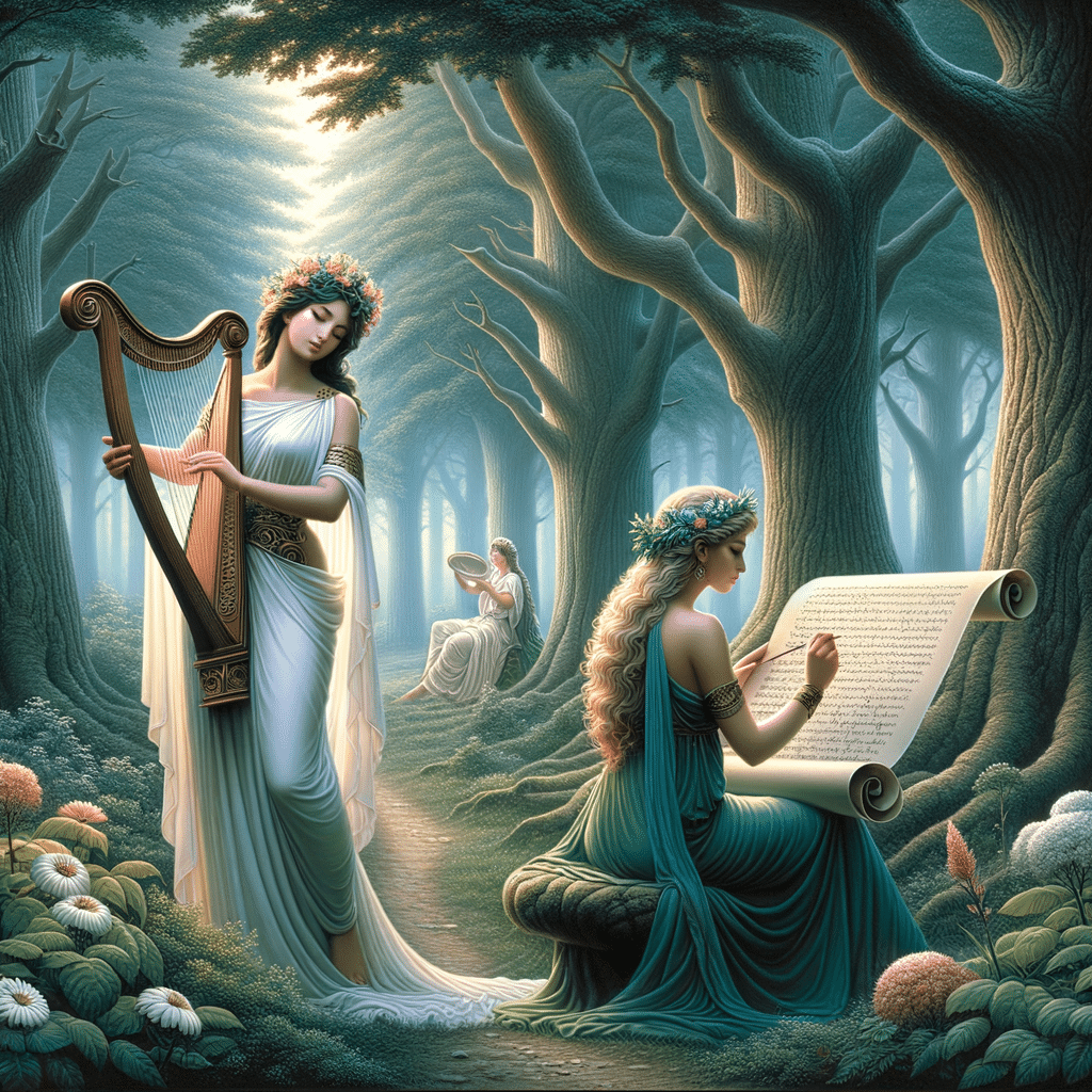 Three of the Nine Muses in woods