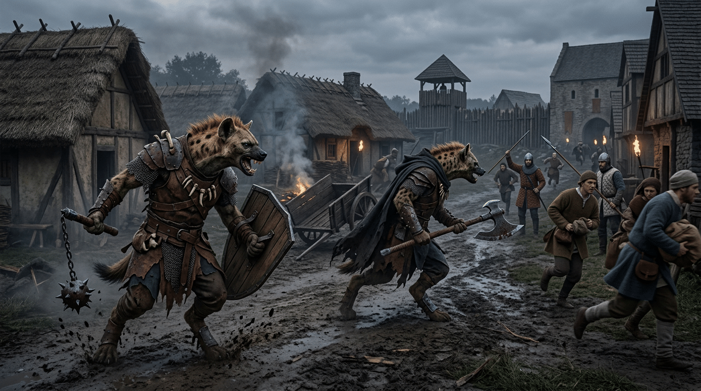 Two gnoll warriors attacking a medieval human village
