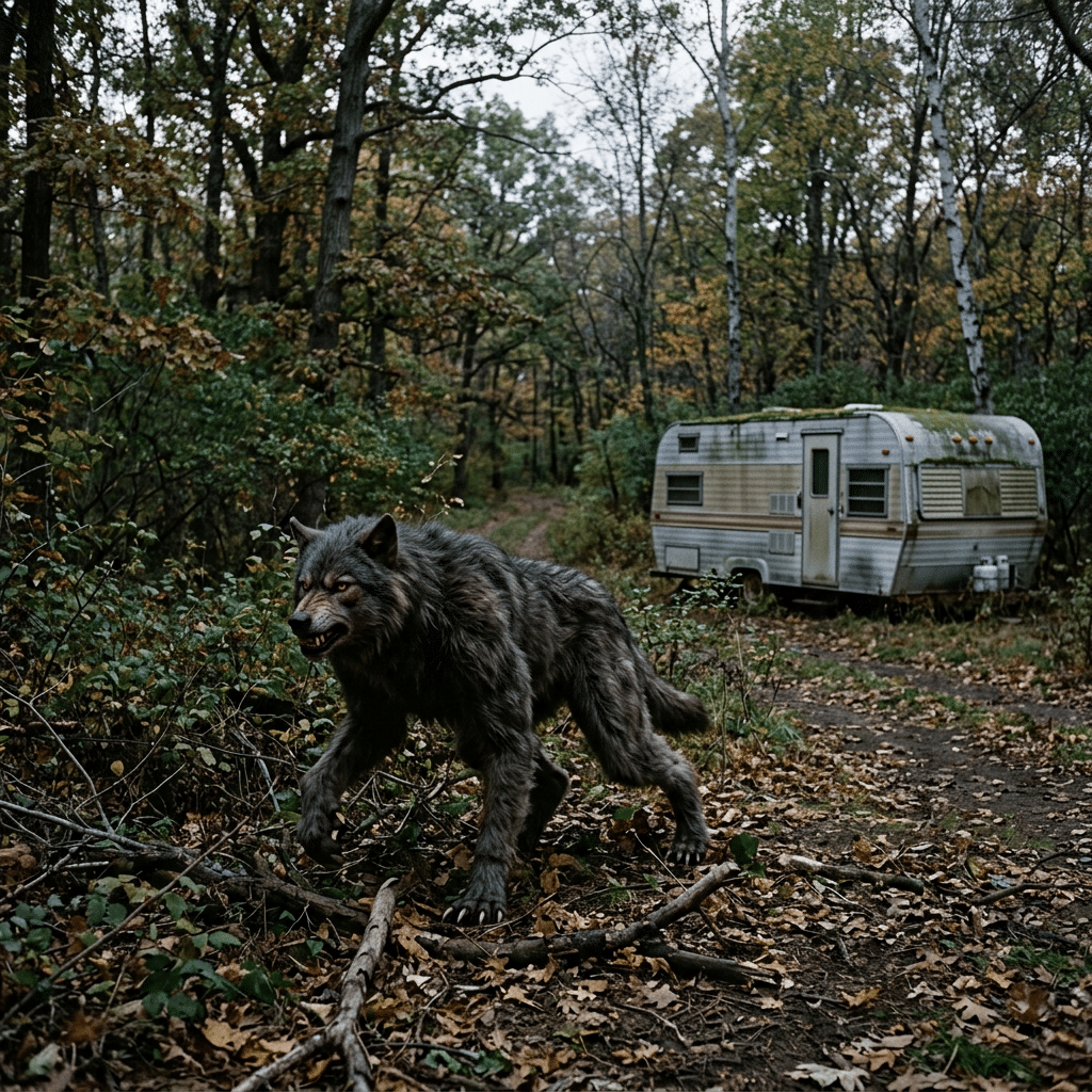 A wolf walking on the forest floor near a rundown trailer