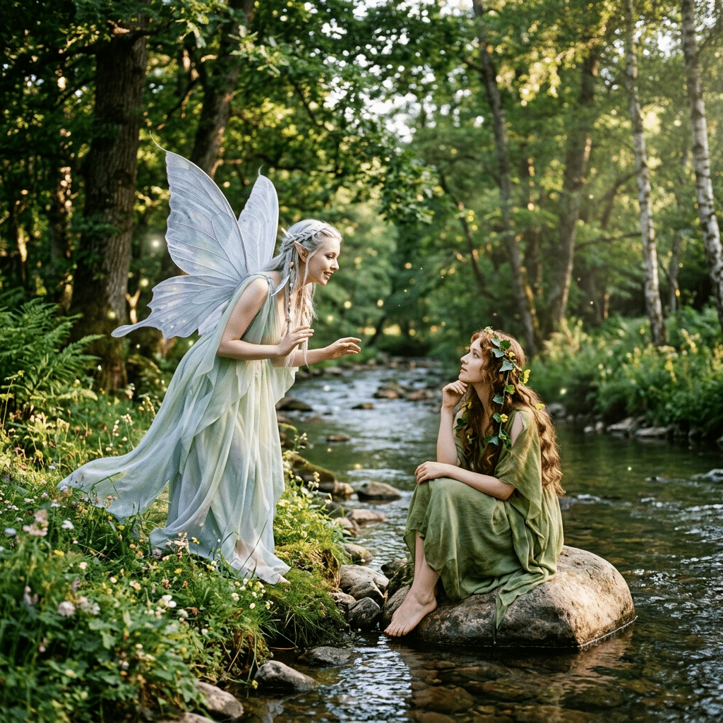 Two women dressed as fairies by a forest stream, one with wings standing on the bank, the other sitting on a rock in the water