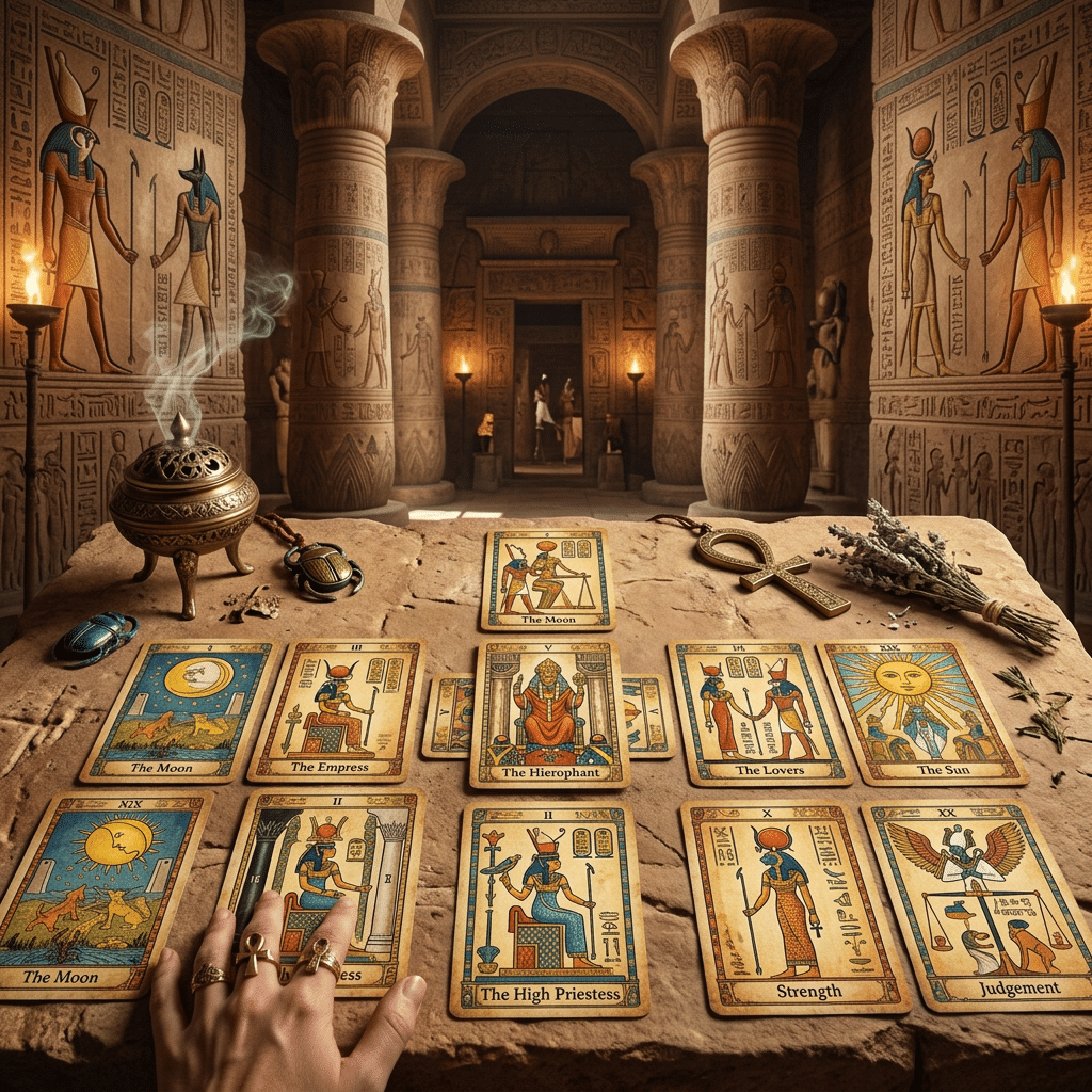 Tarot cards with Egyptian imagery arranged on a stone surface in an Egyptian temple