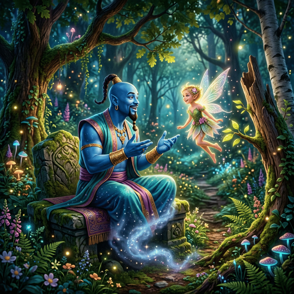A blue genie sitting on a stone bench talking to a glowing fairy with wings in a lush forest
