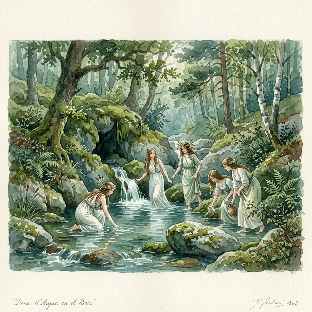 Watercolor of five women by a forest stream; text: “Dones d’Aigua en el Bosc” and “J. Hanerion, 1865.”