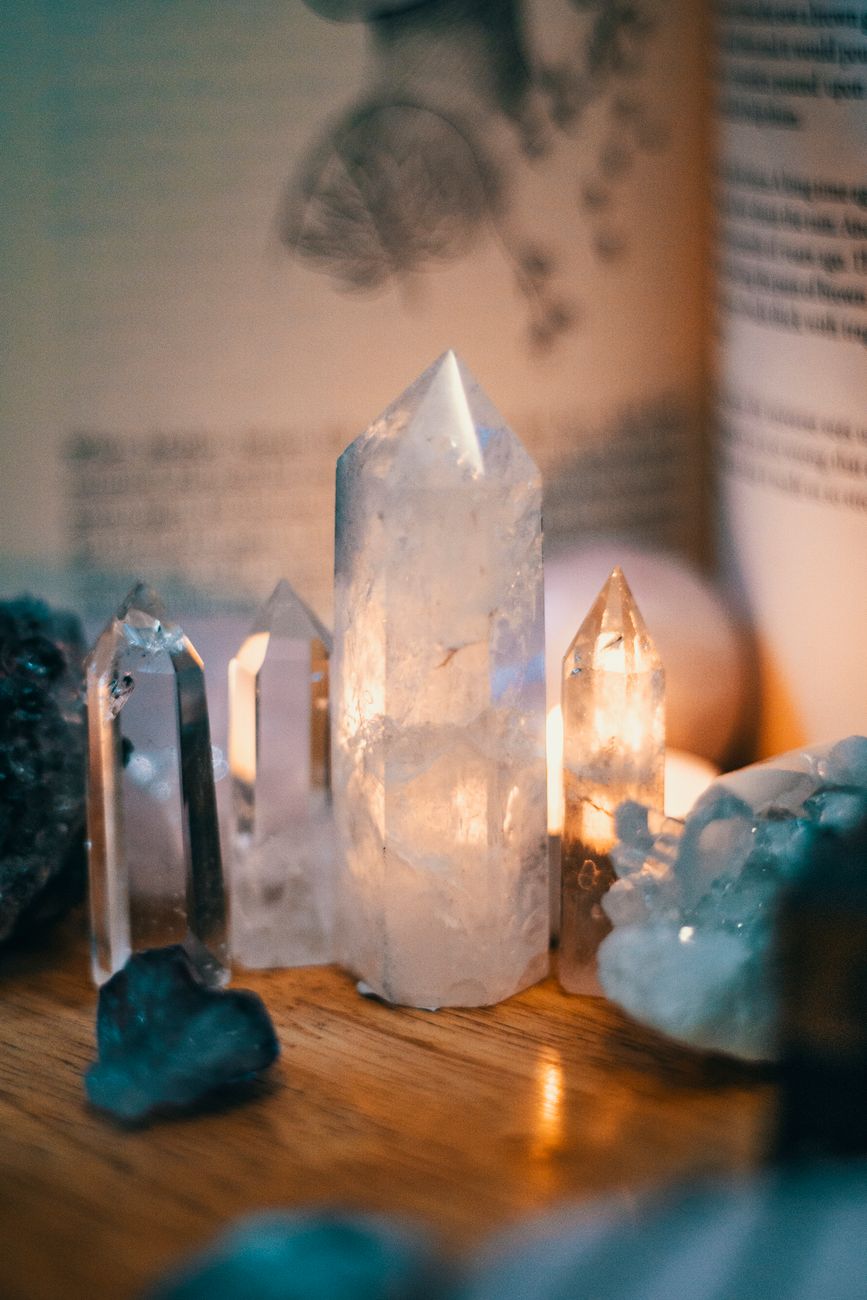 crystals on wooden table