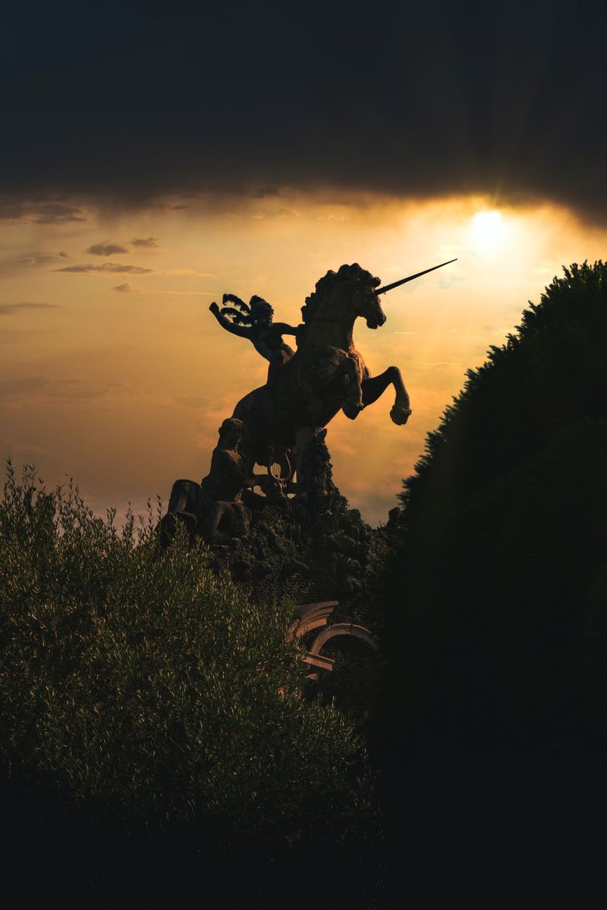 silhouette of unicorn statue at sunset